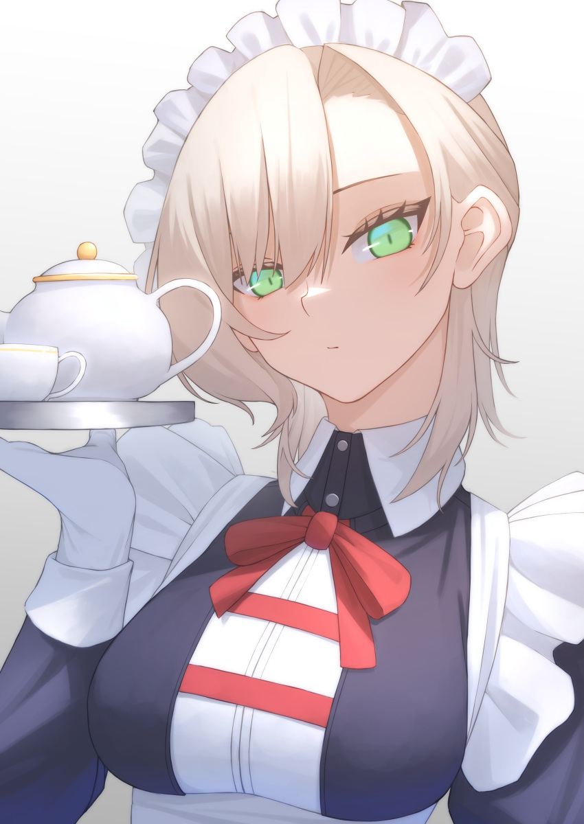 1girl, absurdres, aqua_eyes, asymmetrical_bangs, blonde_hair, cup, gloves, highres