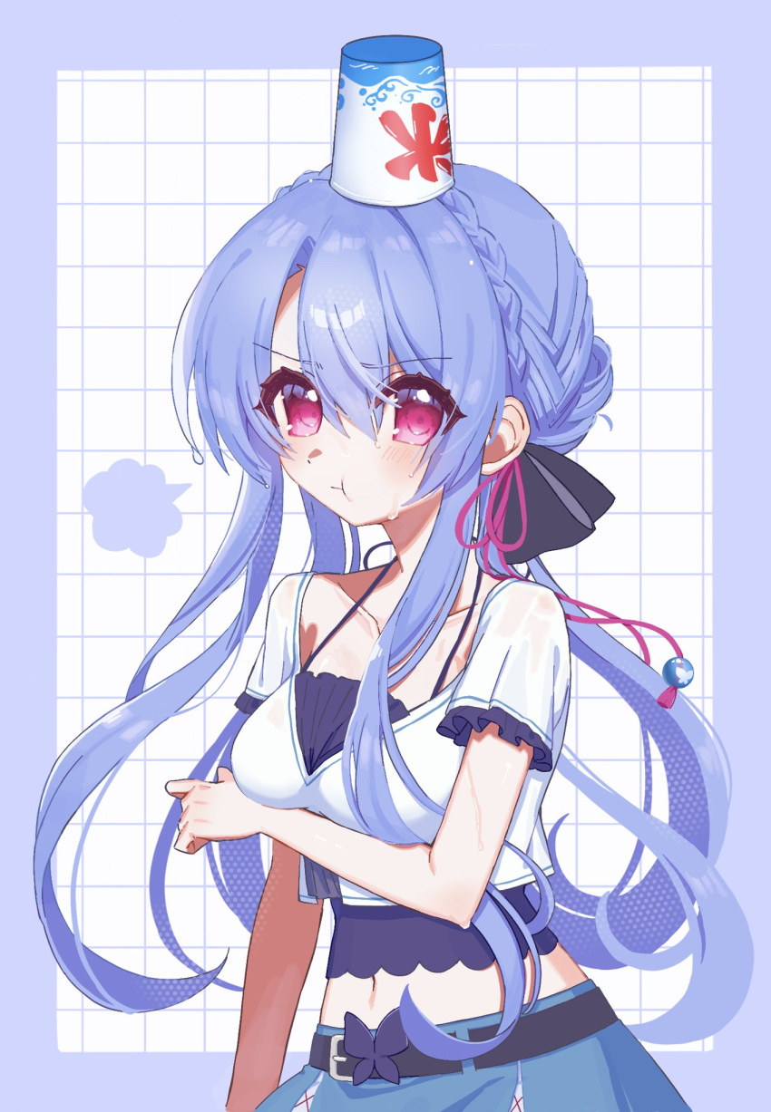 1girl, :t, animal_print, arm_under_breasts, belt, black_belt, black_bow, blue_border
