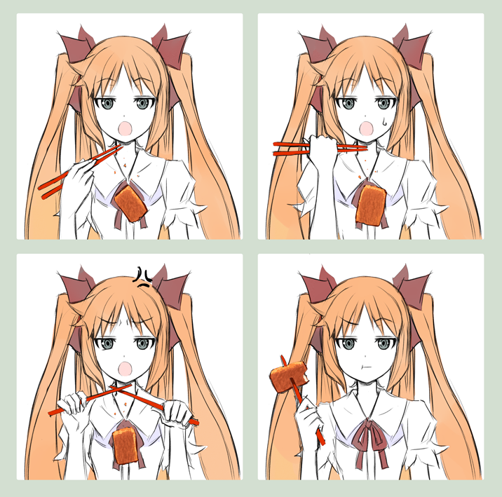 :o, :t, anger_vein, chopsticks, comic, d33jr3u, eating, failure, flat_gaze, food, hair_ribbon, kriss_sison, long_hair, nishimura_vesper, open_mouth, original, quad_tails, ribbon, truth, twin_pigtails, twintails, you're_doing_it_wrong