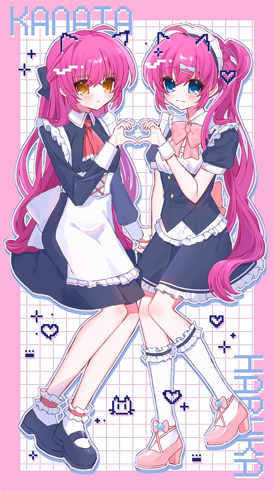 2girls, :3, ahoge, alternate_costume, apron, aqua_bow, ascot, black_bow