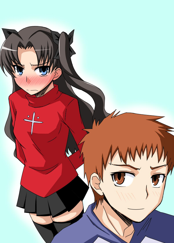 black_hair, black_legwear, black_thighhighs, blue_eyes, blush, brown_eyes, brown_hair, emiya_shirou, fate/stay_night, fate_(series), hair_ribbon, okota1869, raglan_sleeves, ribbon, simple_background, skirt, thigh-highs, thighhighs, tohsaka_rin, toosaka_rin, twintails, zettai_ryouiki