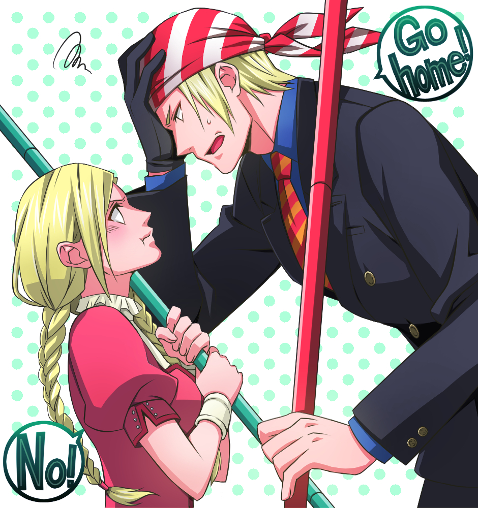1boy, 1girl, :t, annoyed, bandana, billy_kane, black_gloves, blonde_hair