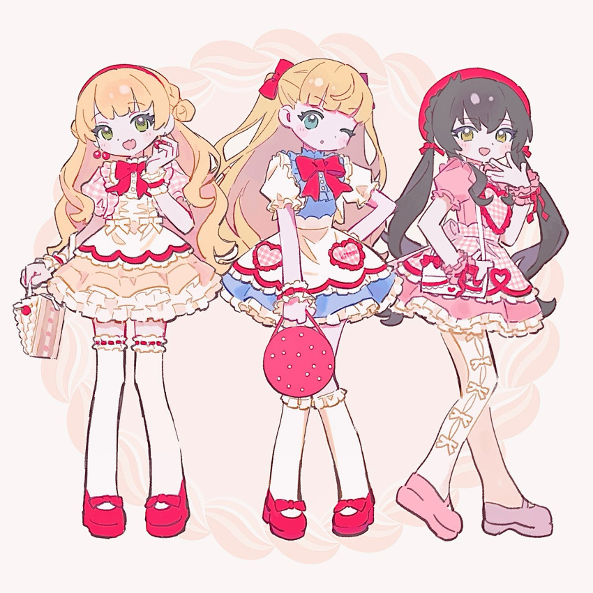 3girls, bag, black_hair, blonde_hair, blue_eyes, dress, earrings, frilled_dress, frilled_thighhighs, frills, full_body, green_eyes, handbag, highres, idolmaster, idolmaster_cinderella_girls, jewelry, jougasaki_rika, long_hair, looking_at_viewer, mary_cochran, mary_janes, matoba_risa, mill_gyu, multiple_girls, one_eye_closed, sexy_panthers_(idolmaster), shoes, smile, thigh-highs, twintails, yellow_eyes, zettai_ryouiki