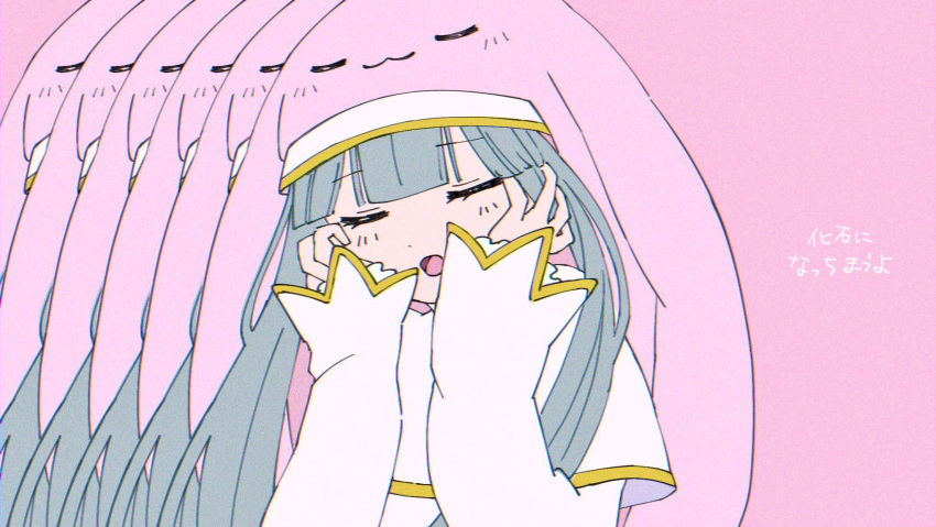 1girl, afterimage, closed_eyes, digimon, digimon_(creature), dress, embarrassed, grey_hair