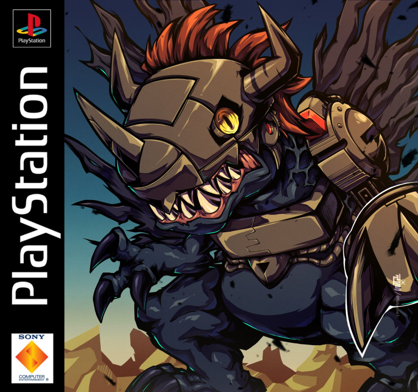 black_wings, blue_skin, box_art, colored_skin, commentary, cyborg, derivative_work, digimon