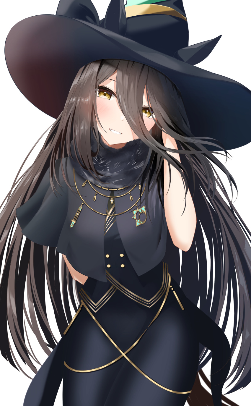 1girl, absurdres, animal_ears, black_dress, black_hat, blush, dress, ears_through_headwear, hair_between_eyes, hand_up, hat, highres, horse_ears, horse_girl, long_bangs, long_hair, long_hair_between_eyes, manhattan_cafe_(umamusume), necktie, pl, short_sleeves, simple_background, solo, umamusume, vami, very_long_hair, witch_hat, yellow_eyes