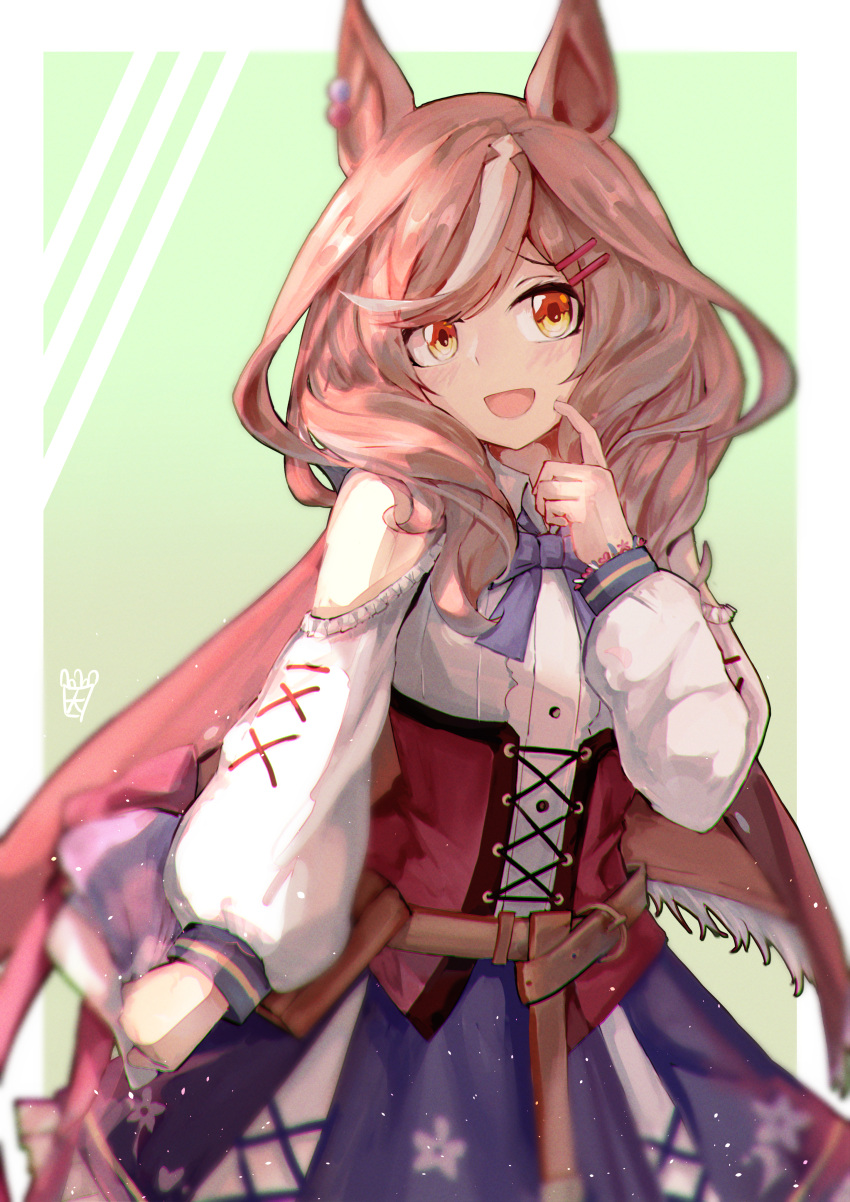 1girl, :d, absurdres, animal_ears, bare_shoulders, beads, belt, blue_bow