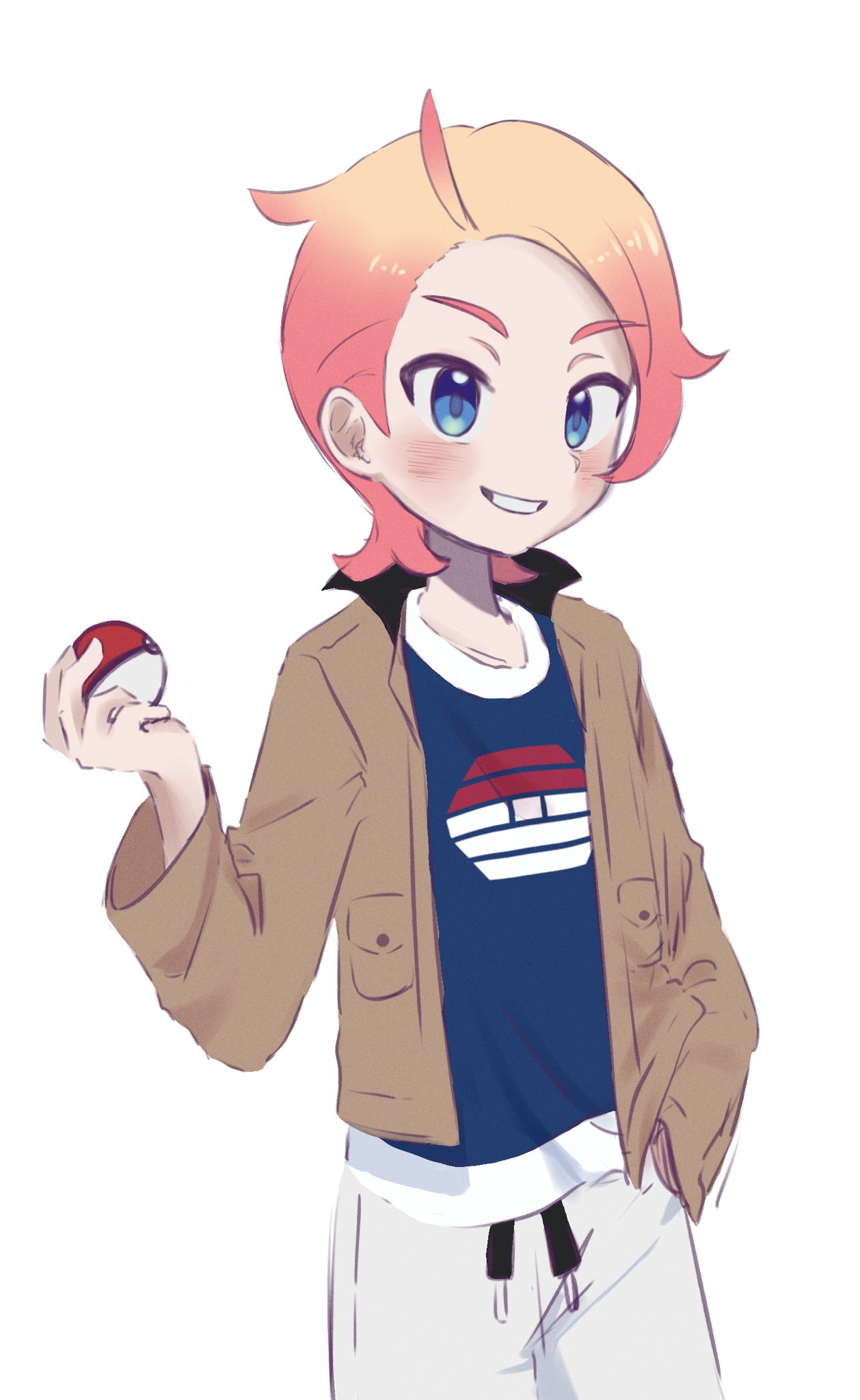 1boy, ahoge, blonde_hair, blue_eyes, blue_shirt, blush, brown_jacket, cowboy_shot