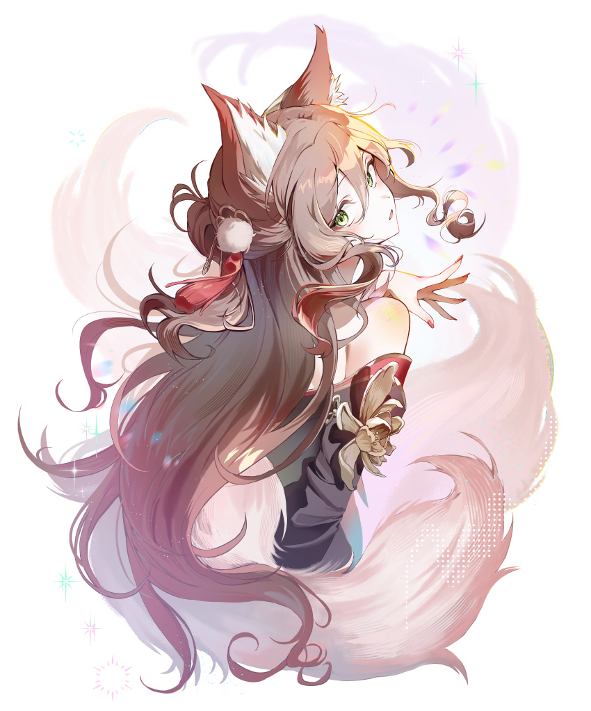 1girl, absurdres, animal_ears, brown_hair, english_commentary, fox_ears, fox_girl, fox_tail, from_behind, fugue_(honkai:_star_rail), green_eyes, hair_between_eyes, hair_ornament, highres, honkai:_star_rail, honkai_(series), long_hair, looking_at_viewer, looking_back, multiple_tails, naroo, parted_lips, pom_pom_(clothes), pom_pom_hair_ornament, solo, tail, tassel, tassel_hair_ornament, tingyun_(honkai:_star_rail), very_long_hair