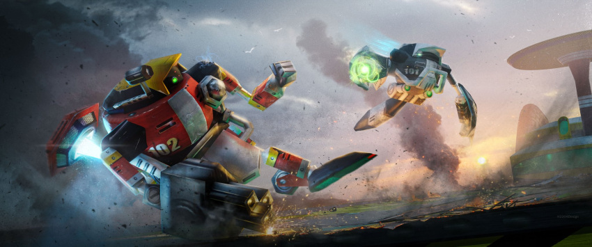 2204design, 2others, battle, clouds, debris, destruction, dust, e-101_beta, e-102_gamma, energy_cannon, explosion, flying, glowing, gun, highres, multiple_others, no_humans, non-humanoid_robot, outdoors, robot, science_fiction, sky, smoke, sonic_(series), sonic_adventure, sun, thrusters, weapon