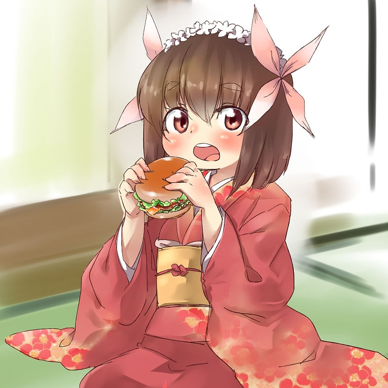 1.0-tan, 1girl, brown_eyes, burger, cheese, croixsan, floral_print, floral_print_kimono