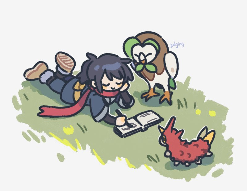 1boy, black_hair, black_shirt, closed_eyes, closed_mouth, dartrix, grass, head_rest, holding, jacket, jen_(aaasylum), lying, male_focus, on_stomach, pokemon, pokemon_(creature), pokemon_legends:_arceus, ponytail, red_scarf, rei_(pokemon), scarf, shirt, shoes, signature, smile, wurmple