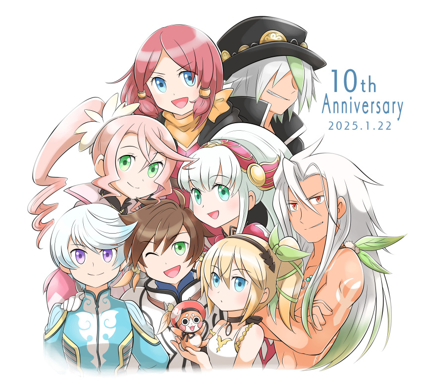 4girls, 5boys, ;d, absurdres, alisha_diphda, anniversary, aogaeru_(pixiv46613656), bandana