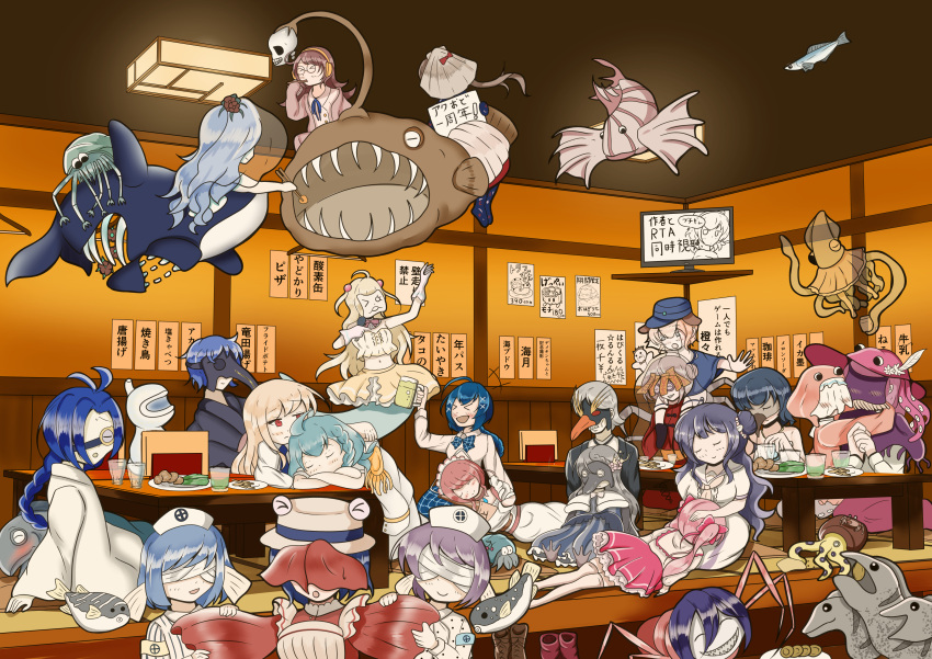 absurdres, ahoge, anglerfish, aquarium_wa_odoranai, armband, bandages, bandages_over_eyes, black_eyes