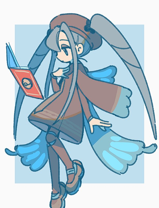 1girl, book, brown_coat, brown_hat, brown_pantyhose, brown_shoes, bug_miku_(project_voltage), coat, commentary_request, floating, floating_object, from_side, hand_up, hat, hatsune_miku, jen_(aaasylum), long_sleeves, looking_down, pantyhose, pokemon, project_voltage, shoes, solo, twintails, vocaloid