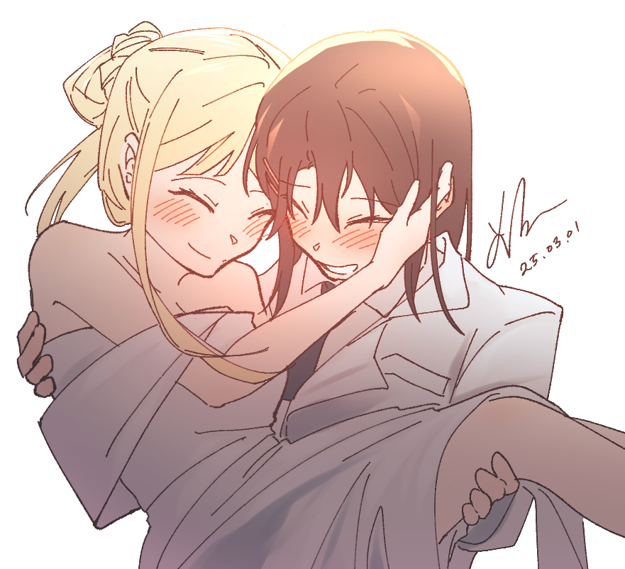 2girls, bang_dream!, bare_shoulders, black_hair, black_necktie, blonde_hair, blush, carrying