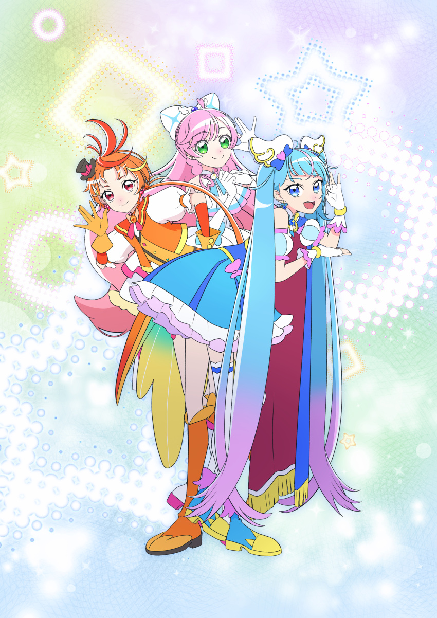 1boy, 4girls, absurdres, ahoge, ankle_boots, ascot, black_hat, blue_boots