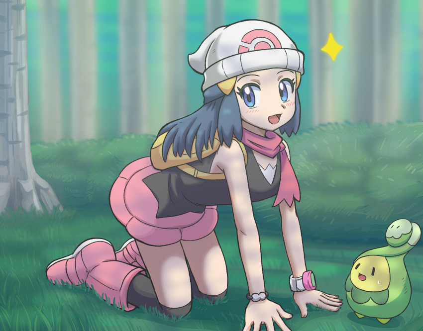 1girl, :d, all_fours, backpack, bag, beanie, black_hair, blue_eyes