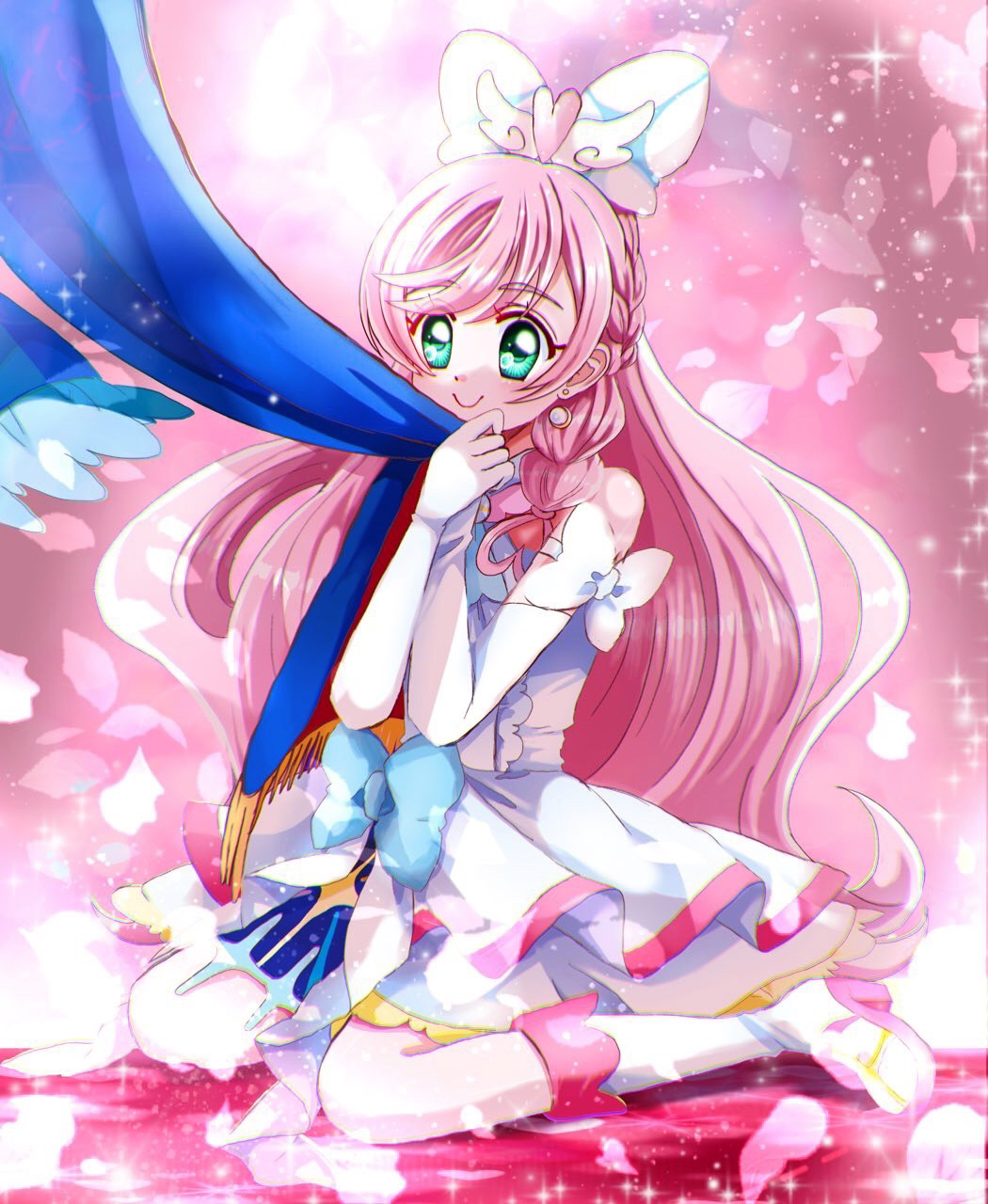 2girls, ascot, blue_bow, blue_cape, boots, bow, braid, cape