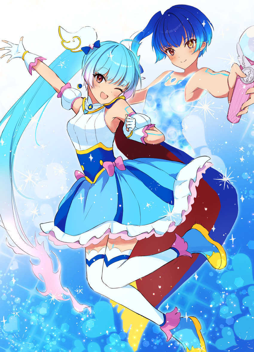 1girl, absurdres, ankle_boots, arm_up, blue_background, blue_boots, blue_cape, blue_dress, blue_hair, boots, bow, brooch, cape, clenched_hand, commentary, cosplay, cure_sky, cure_sky_(cosplay), detached_sleeves, dress, dress_bow, earrings, fiery_hair, fingerless_gloves, floating, frilled_dress, frills, fringe_trim, gloves, glowing_dress, gradient_hair, head_tilt, henshin, heterochromia, highres, hirogaru_sky!_precure, holding, jewelry, leg_up, long_hair, looking_at_viewer, multicolored_hair, norimaki_(nrmk_norinori), one_eye_closed, open_mouth, pink_bow, pink_hair, precure, puffy_detached_sleeves, puffy_sleeves, red_cape, red_eyes, sena_(xenoblade), short_dress, side_ponytail, sky_mirage, sleeveless, sleeveless_dress, smile, solo, sparkle, thigh-highs, twintails, two-sided_cape, two-sided_fabric, two-tone_dress, two-tone_hair, very_long_hair, white_dress, white_gloves, white_thighhighs, wing_brooch, wing_hair_ornament, xenoblade_chronicles_(series), xenoblade_chronicles_3, yellow_eyes