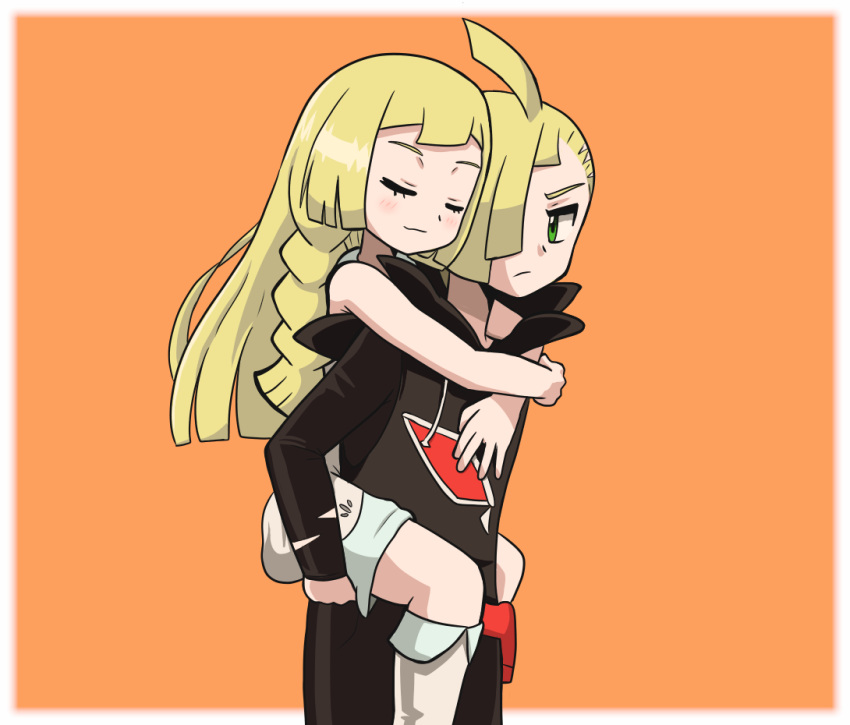 1boy, 1girl, ahoge, blonde_hair, border, brother_and_sister, carrying, closed_eyes