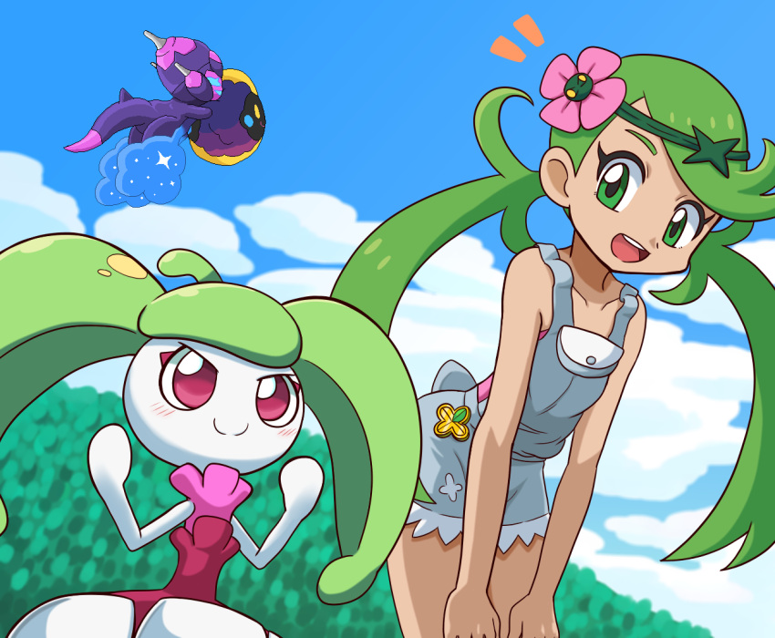 1girl, :d, clouds, collarbone, commentary_request, cosmog, day, flower