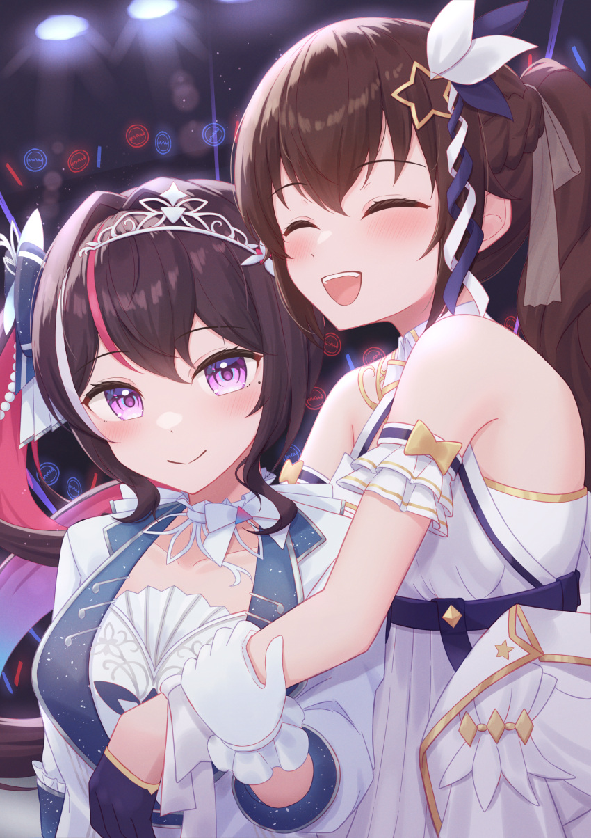 2girls, :d, absurdres, arm_garter, azki_(dress)_(hololive), azki_(hololive), blue_gloves, blue_hair