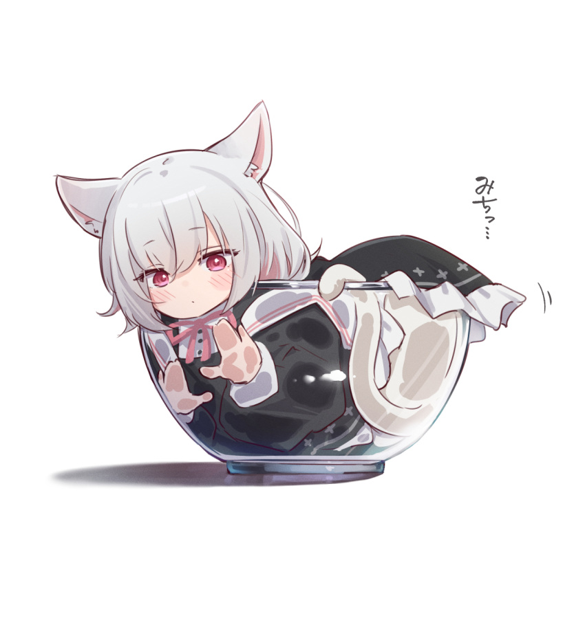 1girl, animal_ears, black_dress, blush, bowl, cat_ears, cat_girl, dress