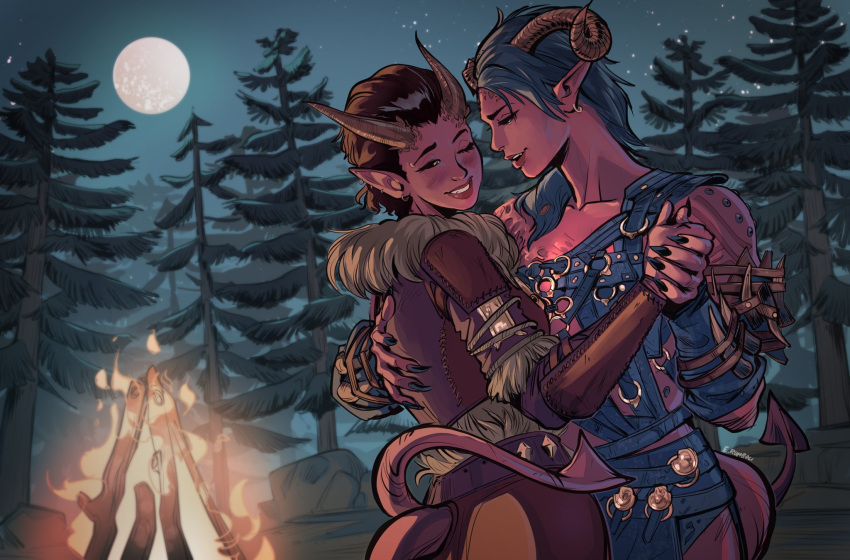 2girls, afterlaughs, arm_behind_back, armor, artist_name, baldur's_gate, baldur's_gate_3, black_hair