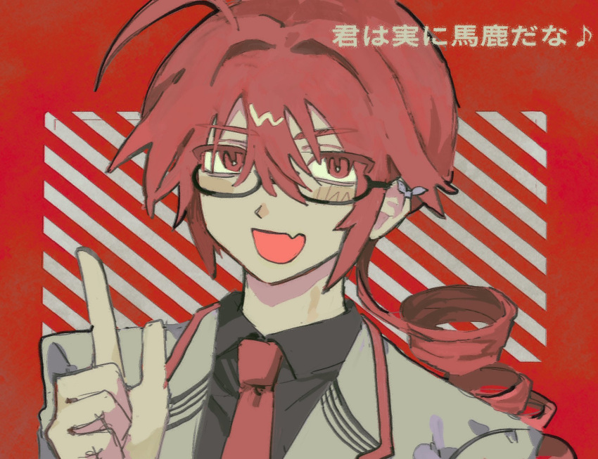 1boy, ahoge, black_shirt, drill_hair, drill_ponytail, glasses, grey_jacket, hashtag-only_commentary