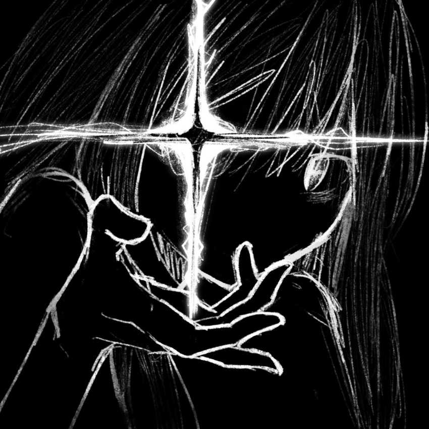 1girl, black_background, glowing, glowing_eye, greyscale, hand_up, highres, knowthisdream