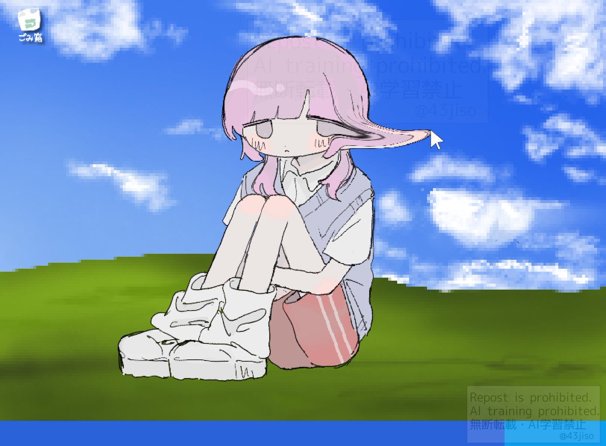 1girl, bliss_(image), blush, closed_mouth, cursor, desktop_(computing), distortion, full_body