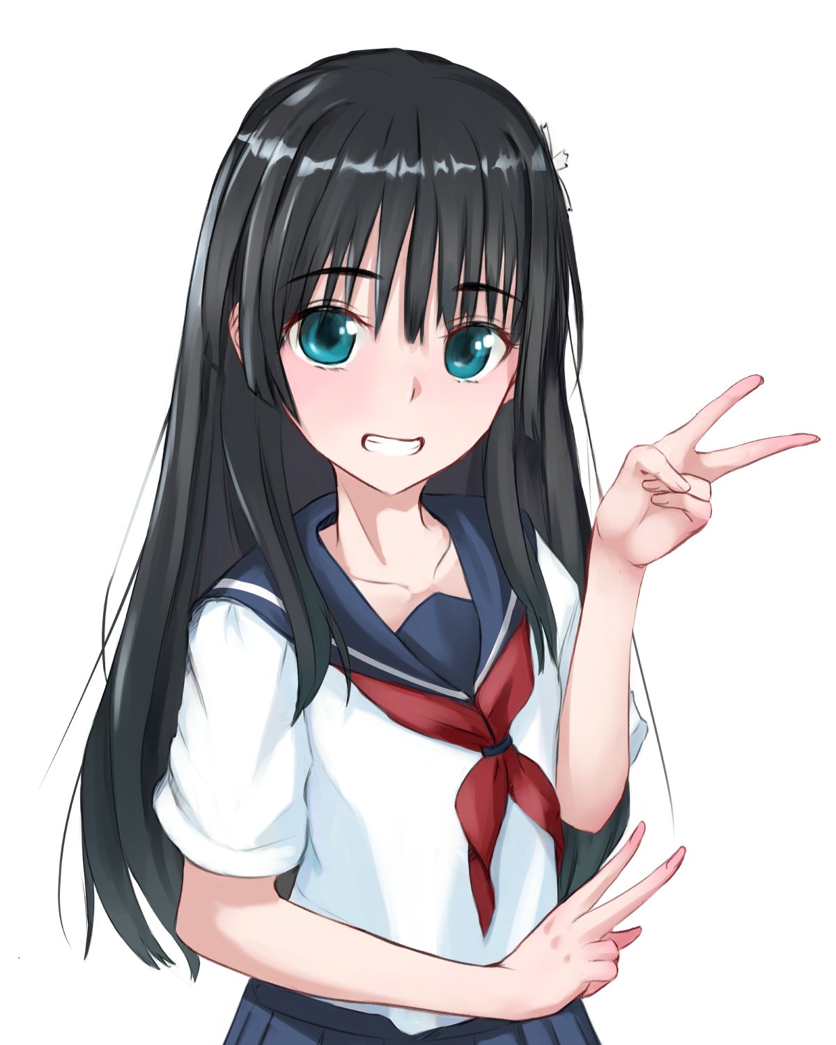 1girl, black_hair, blue_sailor_collar, blue_skirt, collarbone, commentary_request, double_v, flower, grin, hair_flower, hair_ornament, highres, long_hair, looking_at_viewer, mixed-language_commentary, neckerchief, red_neckerchief, sailor_collar, sakugawa_school_uniform, saten_ruiko, school_uniform, serafuku, shirt, short_sleeves, skirt, smile, solo, solphel, toaru_kagaku_no_railgun, toaru_majutsu_no_index, v, white_shirt