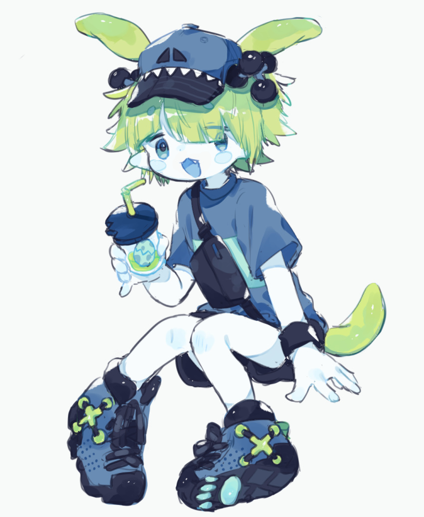 1boy, :3, animal_ears, aqua_eyes, baseball_cap, black_bag, black_shorts, blue_blush