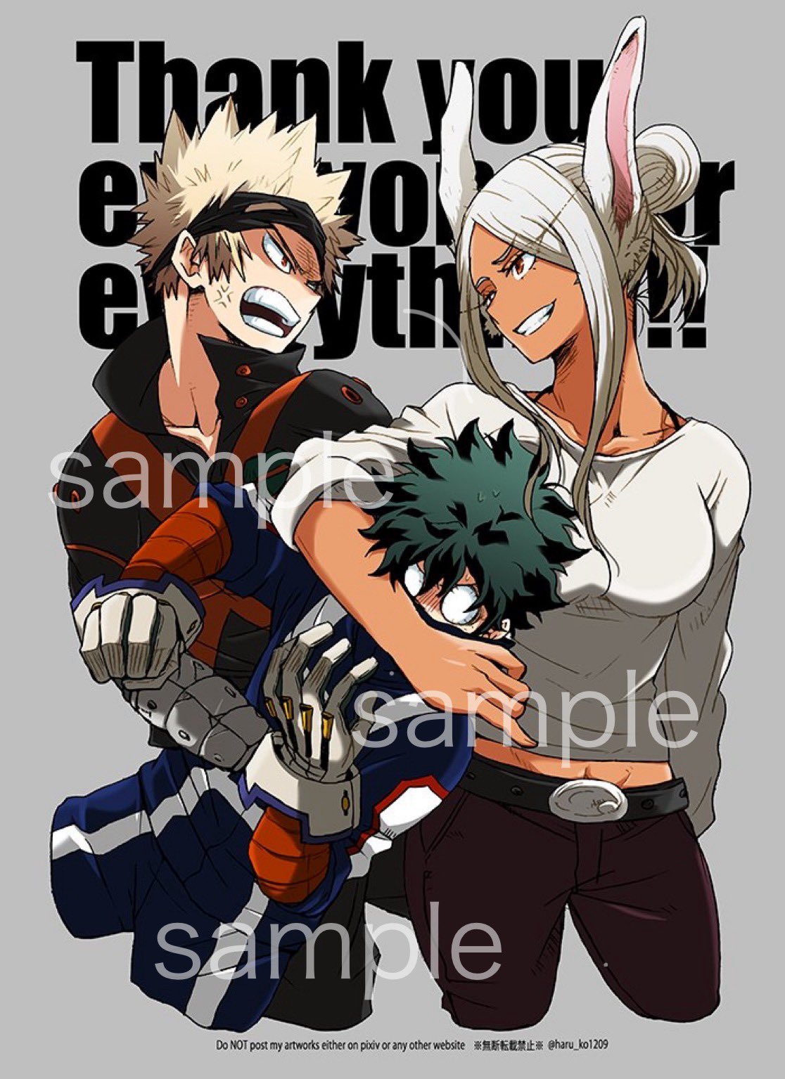1girl, 2boys, arm_on_another's_head, artist_name, bakugou_katsuki, blonde_hair, boku_no_hero_academia, copyright_request