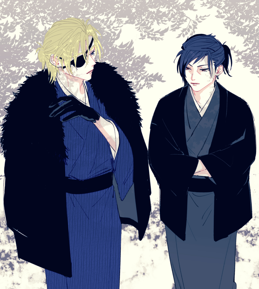 2boys, arm_up, black_fur, black_gloves, black_sash, blonde_hair, blue_eyes, blue_hair