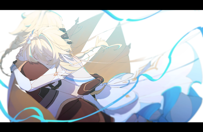 1boy, 1girl, absurdres, aether_(genshin_impact), ahoge, ariab, black_gloves, blonde_hair, braid, closed_eyes, closed_mouth, dress, earrings, flower, genshin_impact, gloves, hair_between_eyes, hair_flower, hair_ornament, highres, jewelry, long_hair, lumine_(genshin_impact), short_hair, tagme, white_dress, white_flower, yellow_eyes