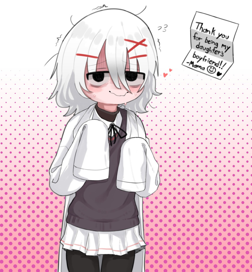 1girl, black_pantyhose, blush, borrowed_character, codismal, english_text, gloom_(expression), gradient_background