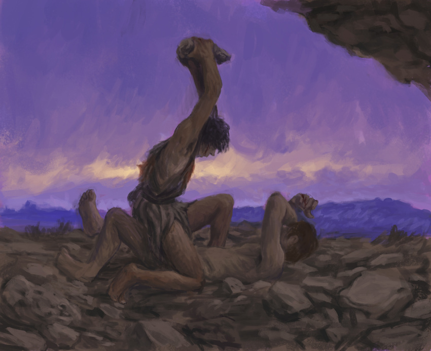 2boys, abel_(mythology), black_hair, blue_sky, cain_(mythology), dawn, fighting, highres