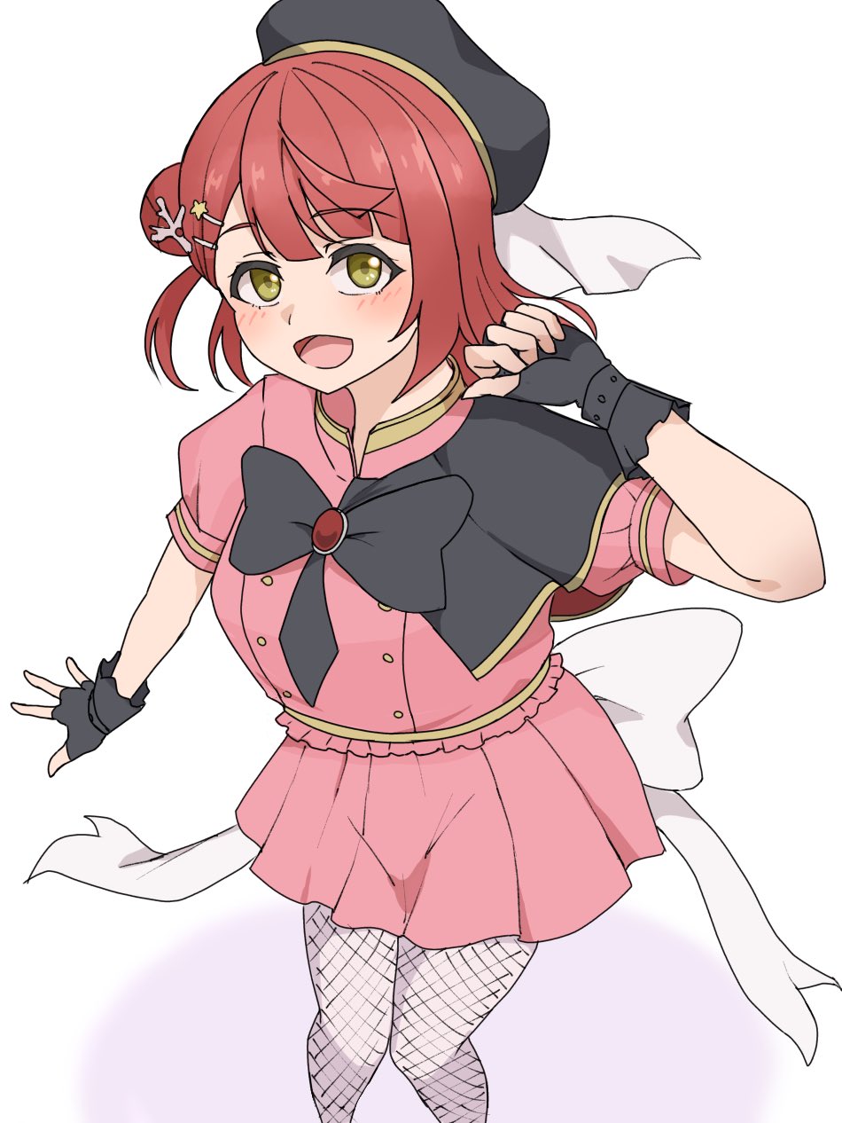 1girl, :d, beret, black_bow, black_bowtie, black_capelet, black_gloves, black_hat
