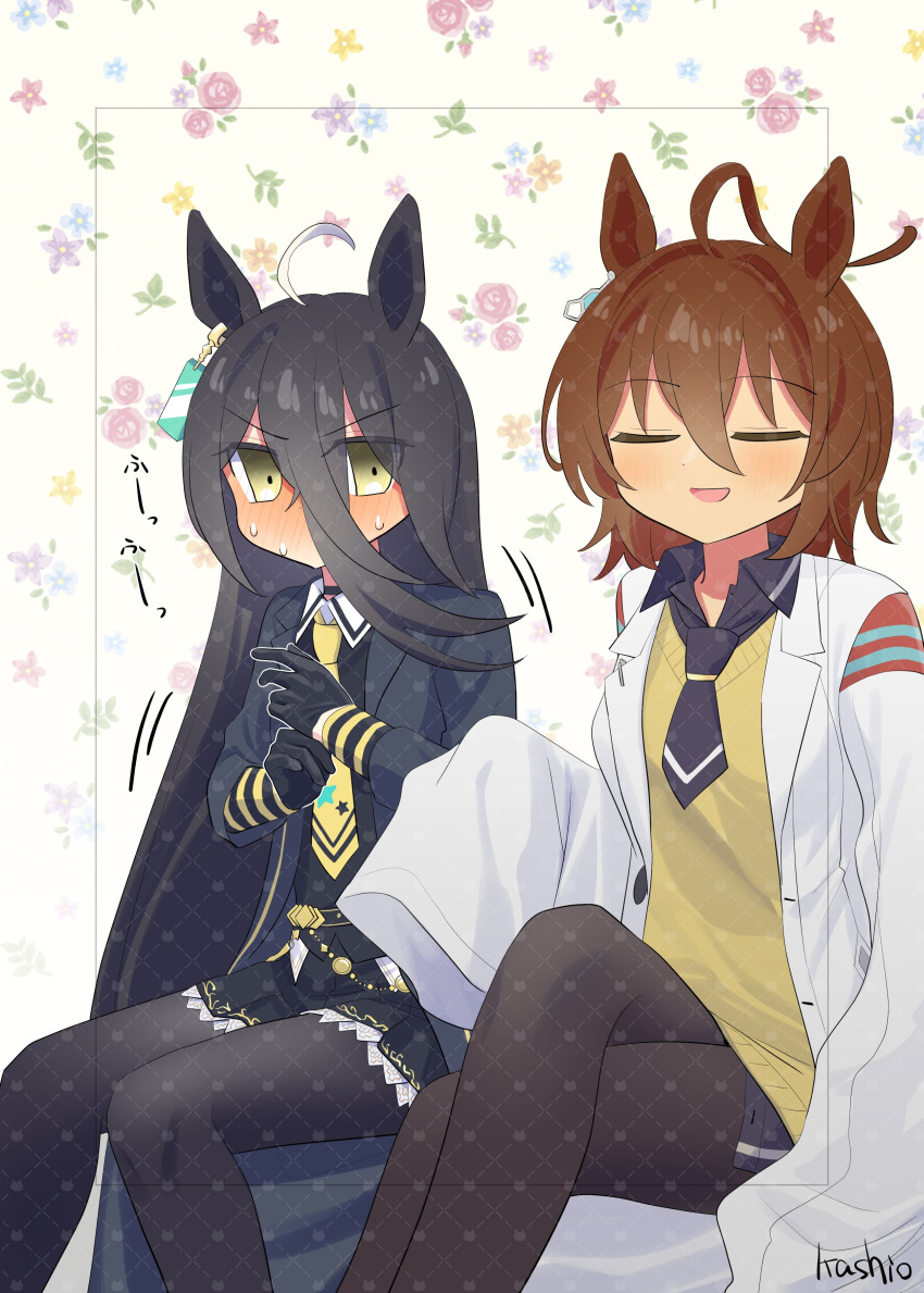 2girls, absurdres, agnes_tachyon_(umamusume), black_choker, black_coat, black_gloves, black_hair, black_necktie