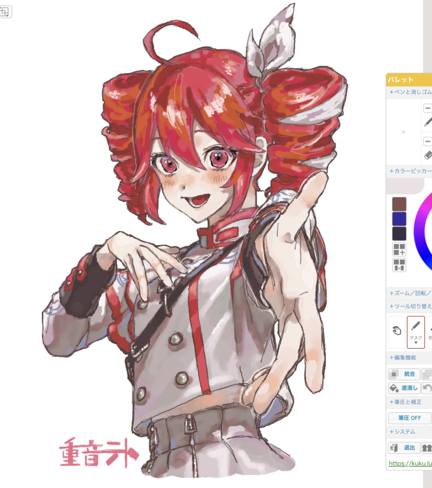 ahoge, art_program_in_frame, art_tools_in_frame, belt, black_belt, black_sleeve_cuffs, blush, bow