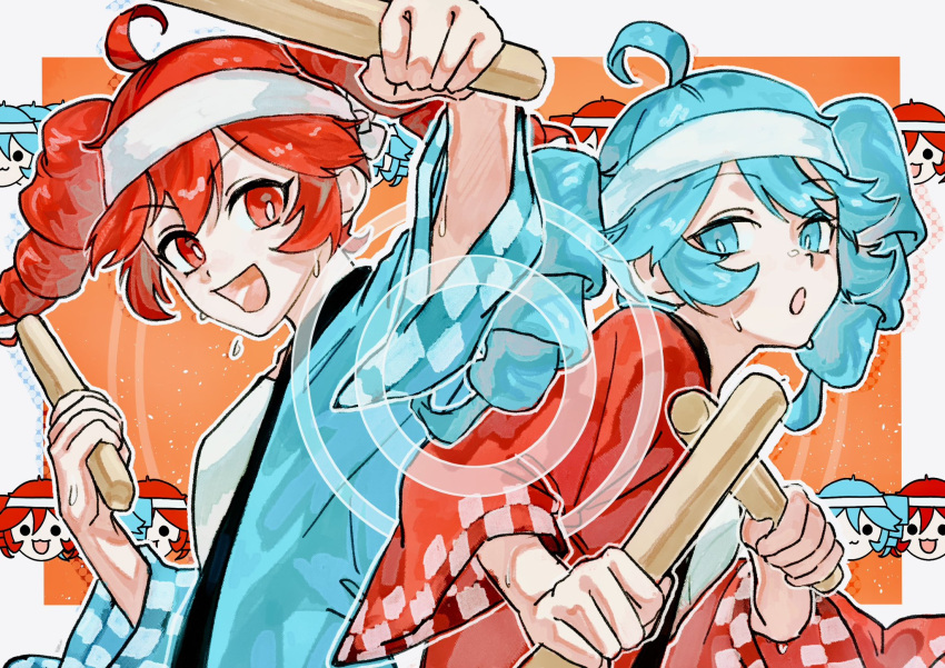 2girls, :o, alternate_costume, alternate_hairstyle, blue_hair, bright_pupils, character_background, double-parted_bangs