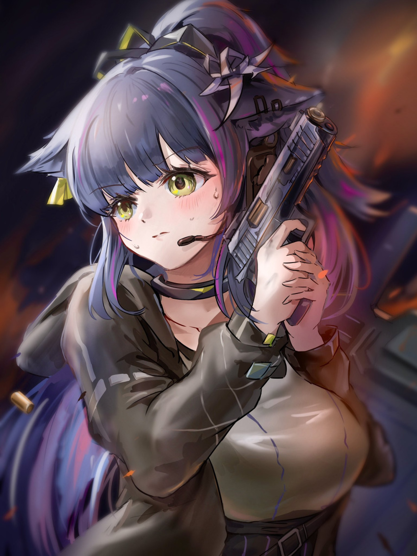 1girl, arknights, black_hair, black_jacket, blurry, blurry_background, blush, breasts
