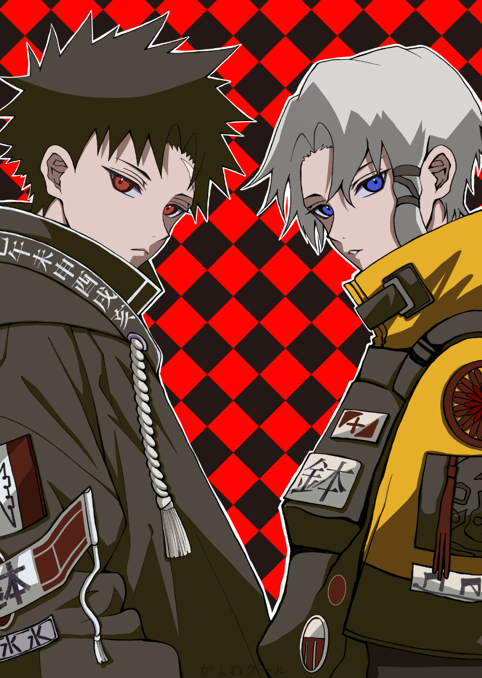 2boys, black_hair, black_jacket, blue_eyes, checkered_background, grey_hair, highres, jacket