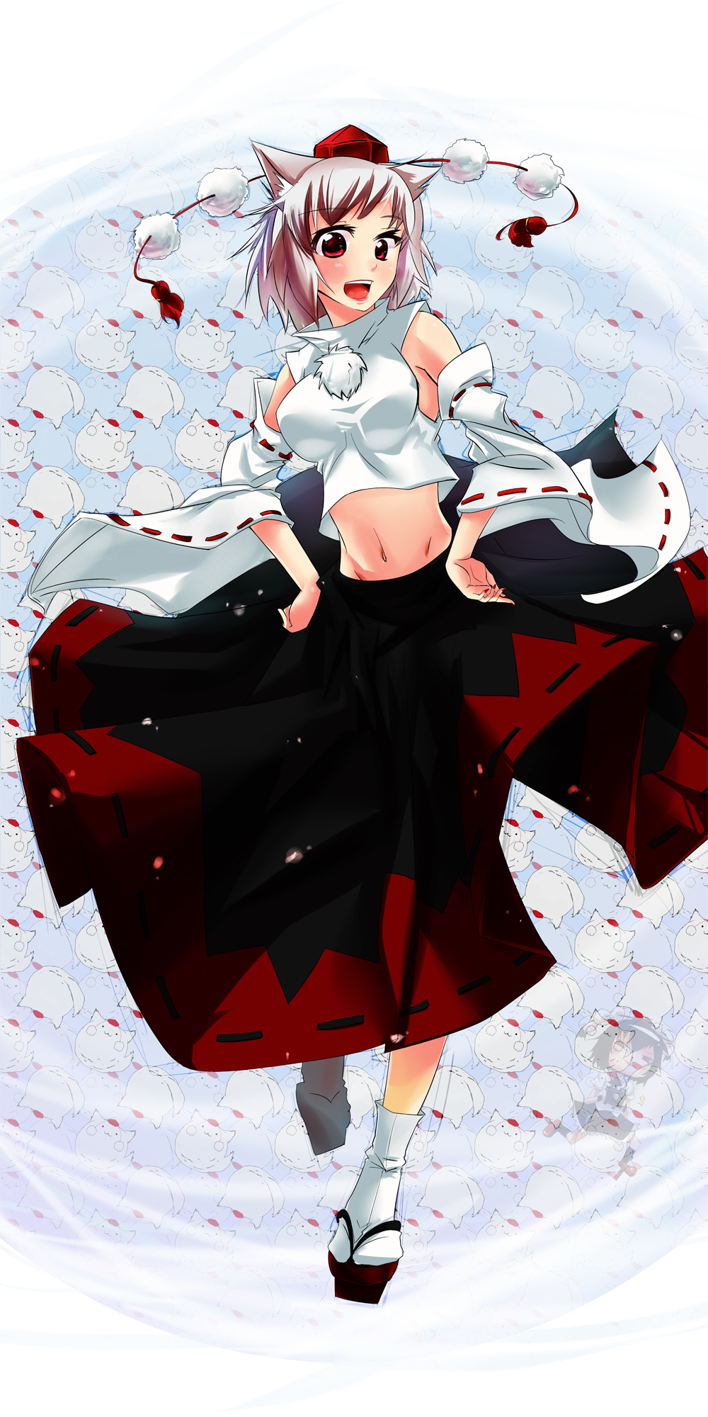 :3, animal_ears, blush, breasts, camera, detached_sleeves, geta, hands_on_hips