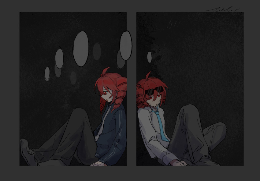 ahoge, black_pants, black_shoes, blue_jacket, blue_necktie, bright_pupils, collared_shirt, drill_hair