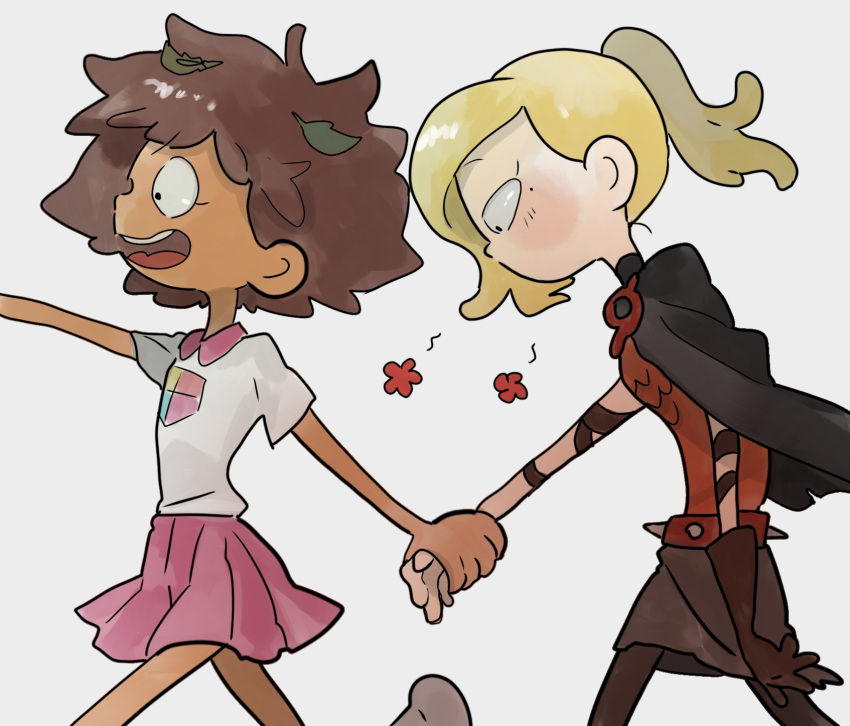 2girls, amphibia, anne_boonchuy, armor, asymmetrical_bangs, blonde_hair, blush, breastplate