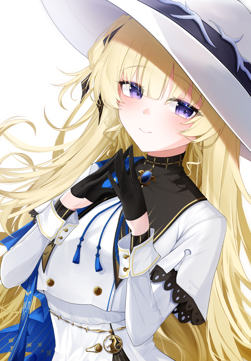 1girl, absurdres, black_bow, black_collar, black_gloves, blonde_hair, blue_sash, bow
