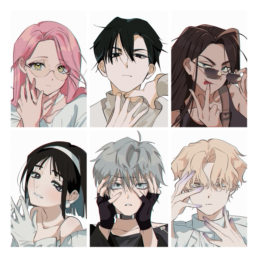3boys, 3girls, absurdres, adjusting_eyewear, alien_stage, black_eyes, black_gloves, black_hair